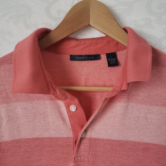 Perry Ellis Men's Top  Collar Size Large Salmon Horizonal stripes Casual - Picture 3 of 7